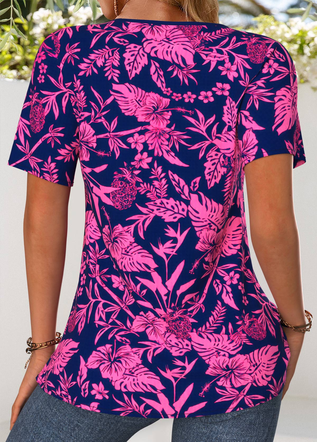 Hot Pink Floral Print Tuck Stitch Short Sleeve Blouse | picture 