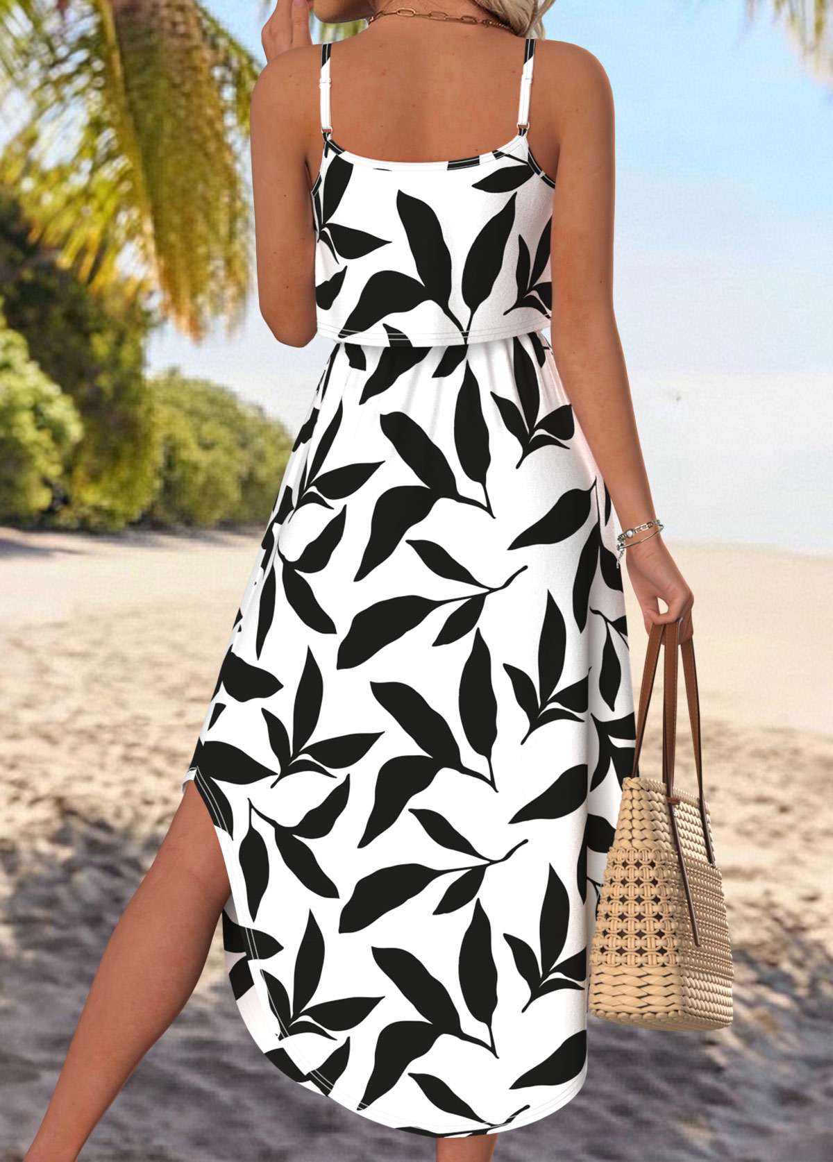 White Leaf Print Bowknot Strappy Round Neck Dress | picture 