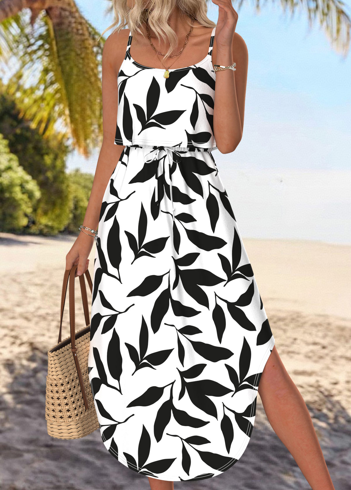 White Leaf Print Bowknot Strappy Round Neck Dress | picture 