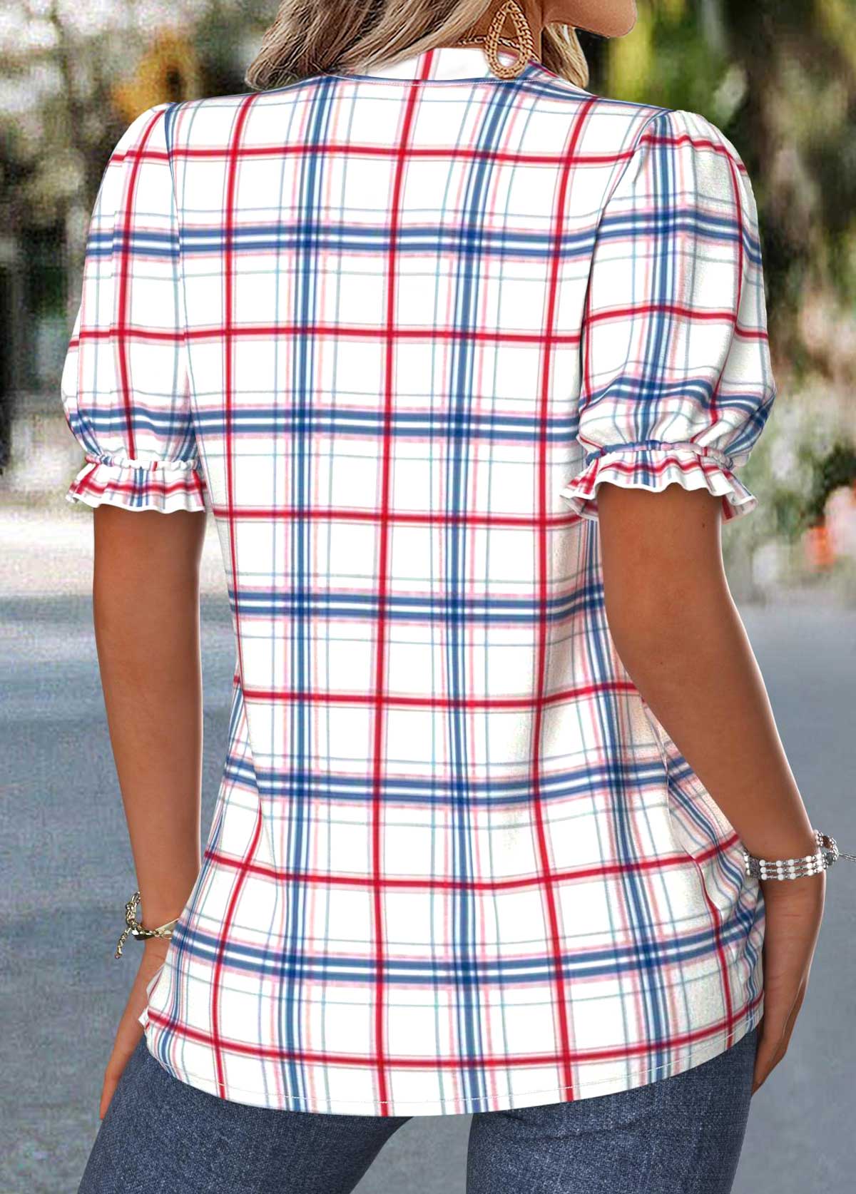 Raw White Plaid Tummy Coverage Short Sleeve Blouse | picture 
