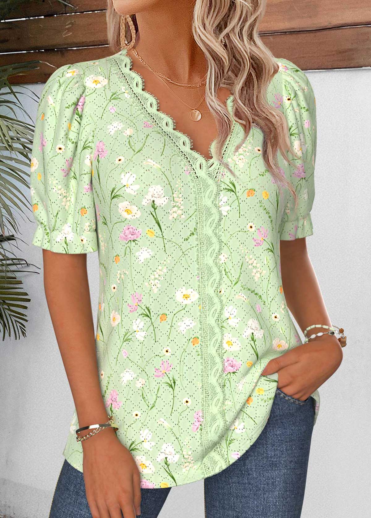 Light Green Floral Print Patchwork Short Sleeve Blouse | picture 