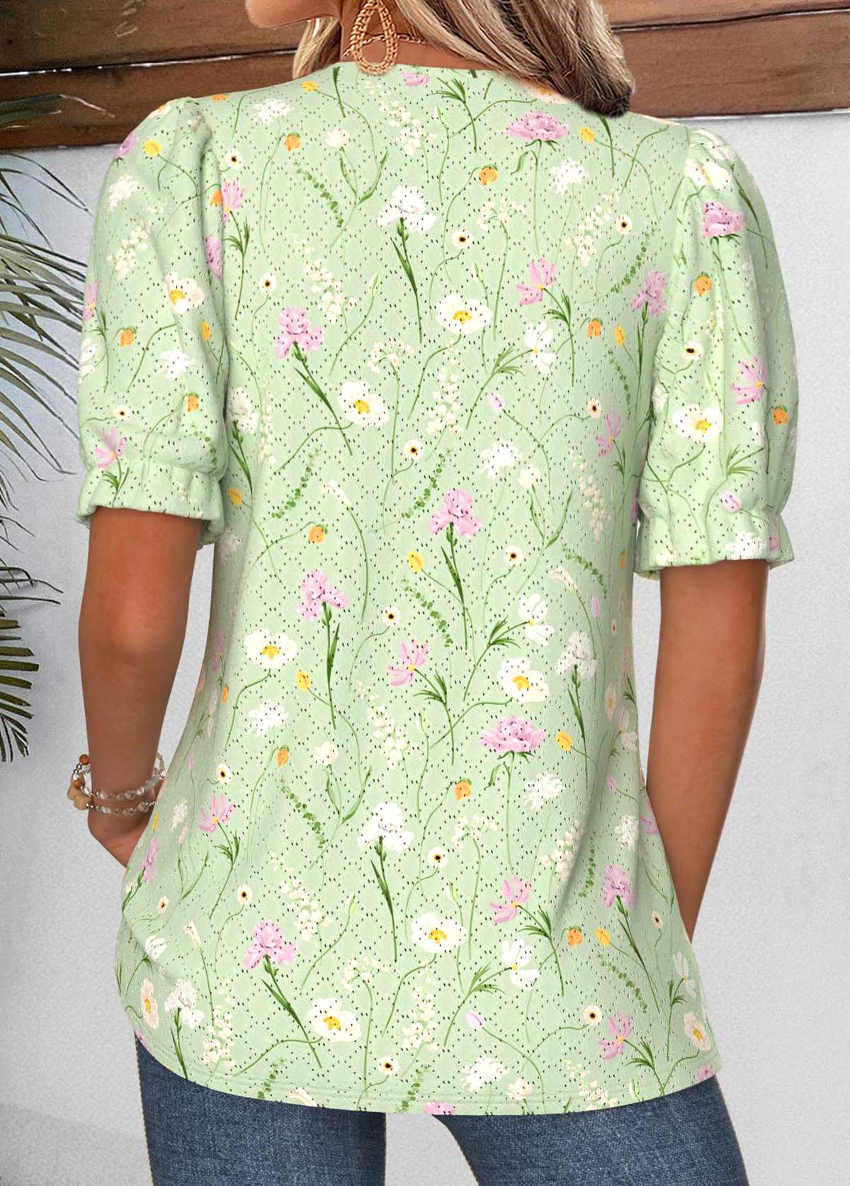 Light Green Floral Print Patchwork Short Sleeve Blouse | picture 