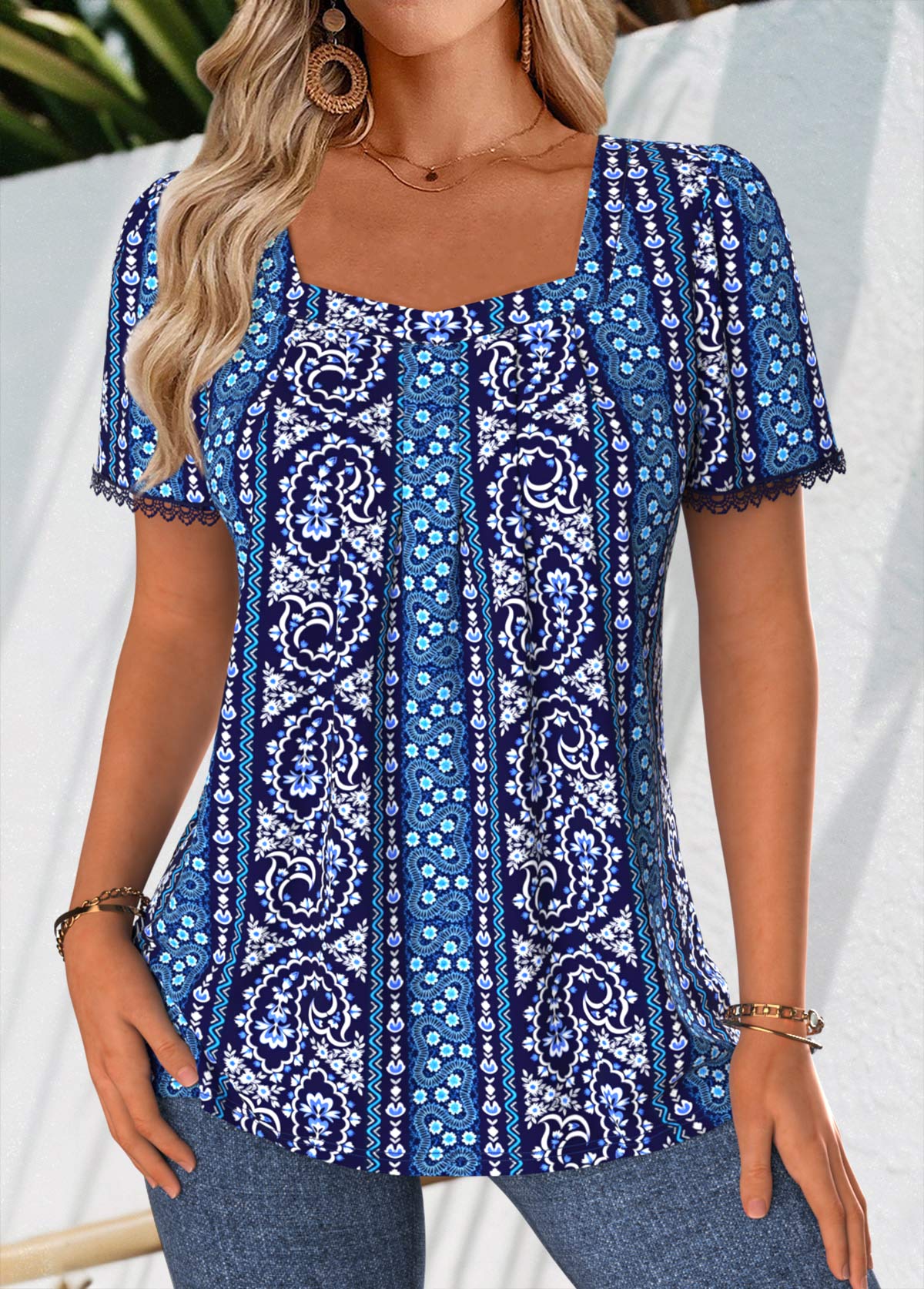 Navy Paisley Print Pleated Short Sleeve T Shirt | picture 