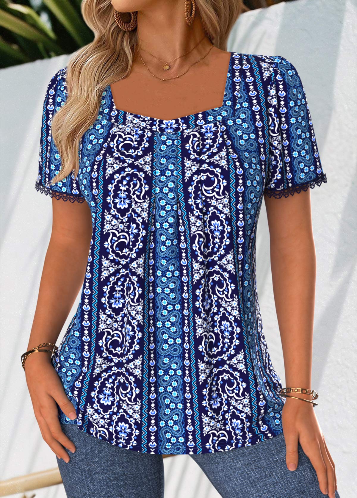 Navy Paisley Print Pleated Short Sleeve T Shirt | picture 