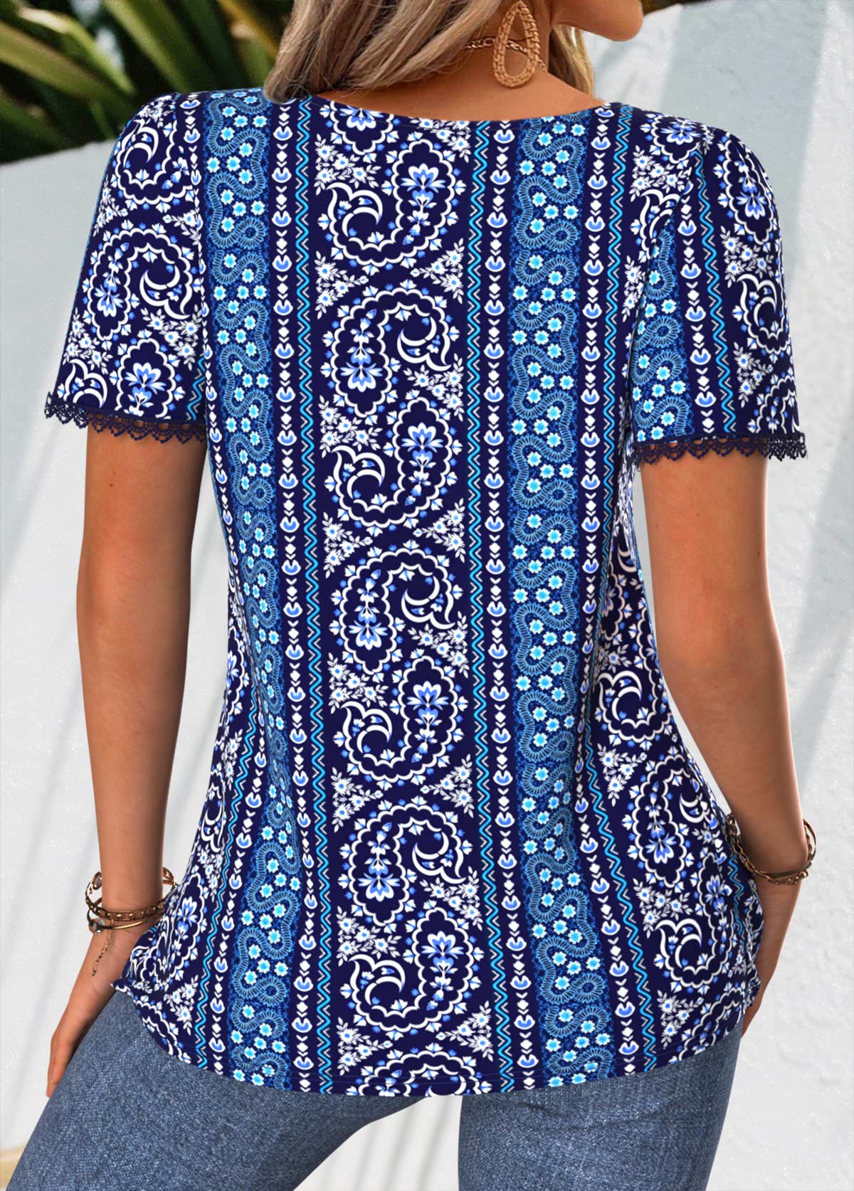 Navy Paisley Print Pleated Short Sleeve T Shirt | picture 