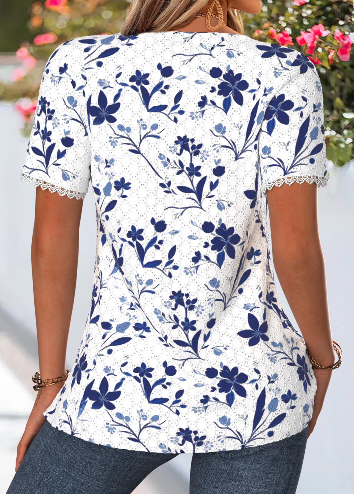 White Floral Print Tuck Stitch Short Sleeve Blouse | picture 