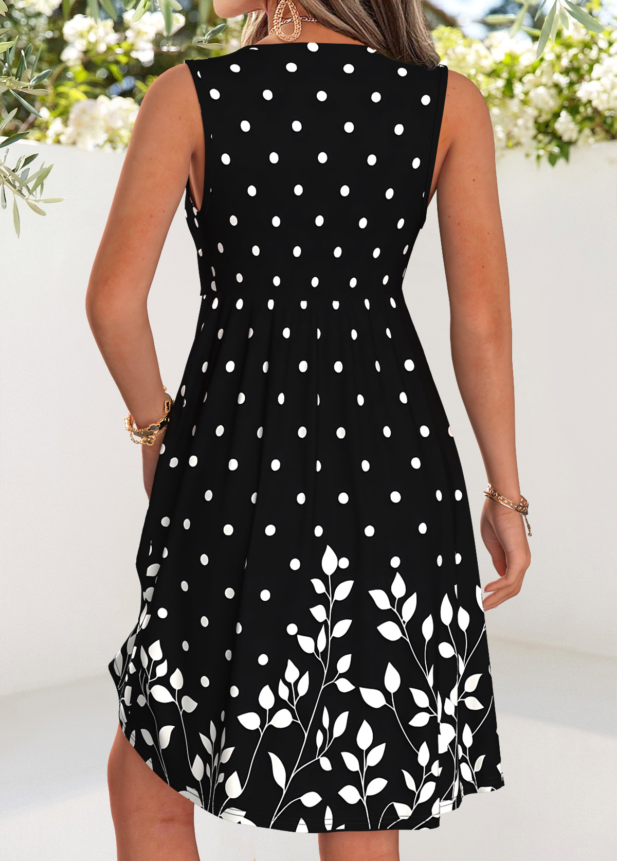 Black Polka Dot Short Shirred Sleeveless V Neck Dress | picture 