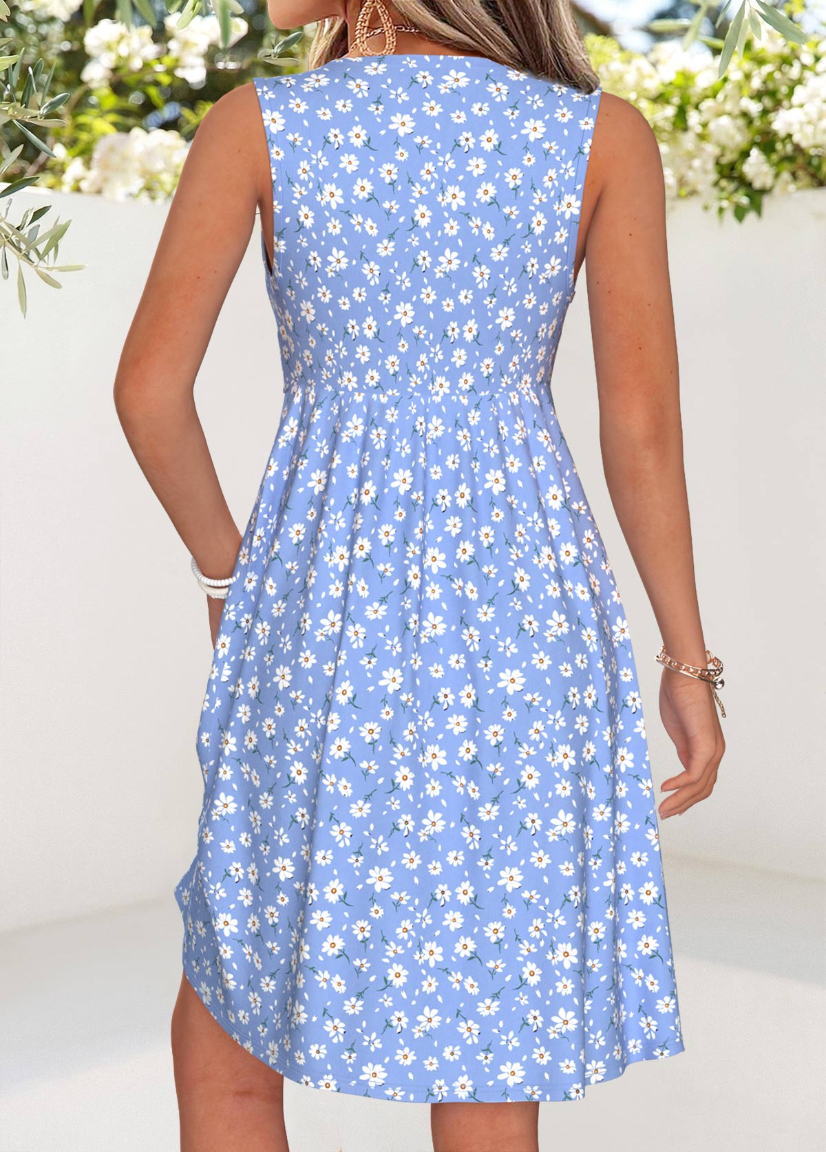 Light Blue Ditsy Floral Print Short Shirred Sleeveless Dress | picture 