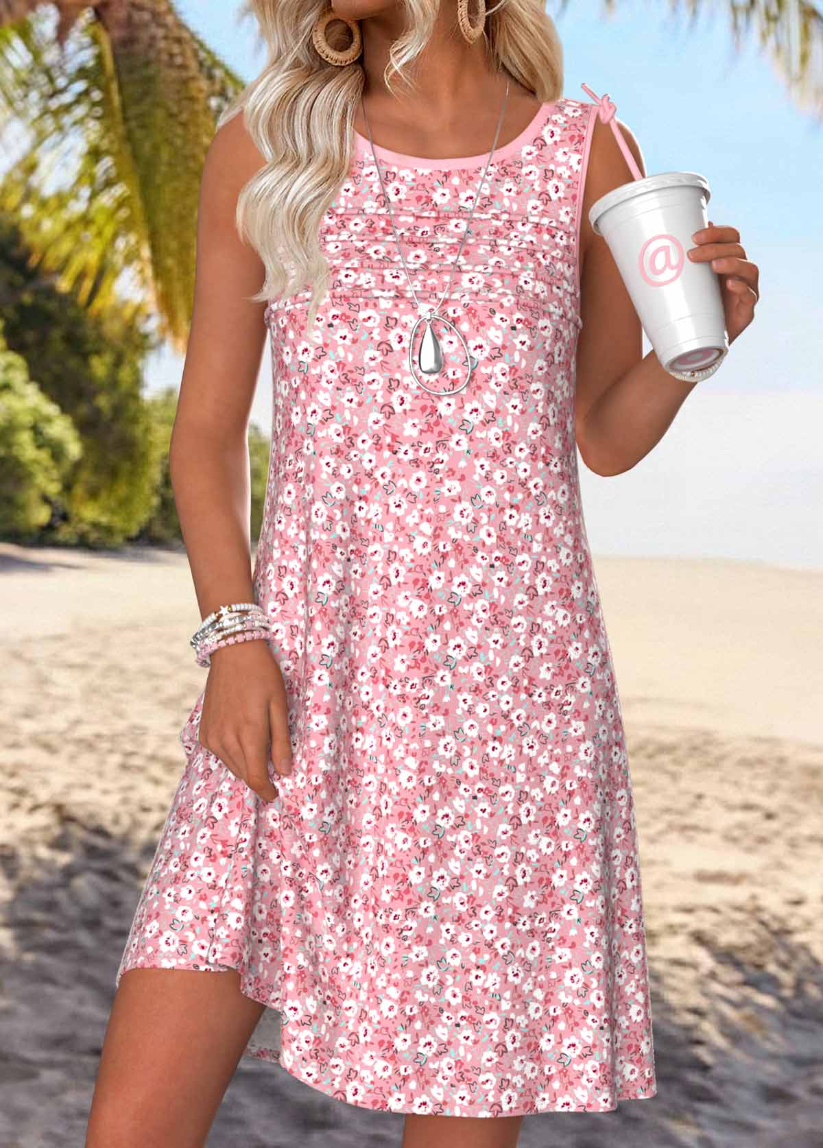 Pink Ditsy Floral Print Short Tuck Stitch Sleeveless Dress | picture 