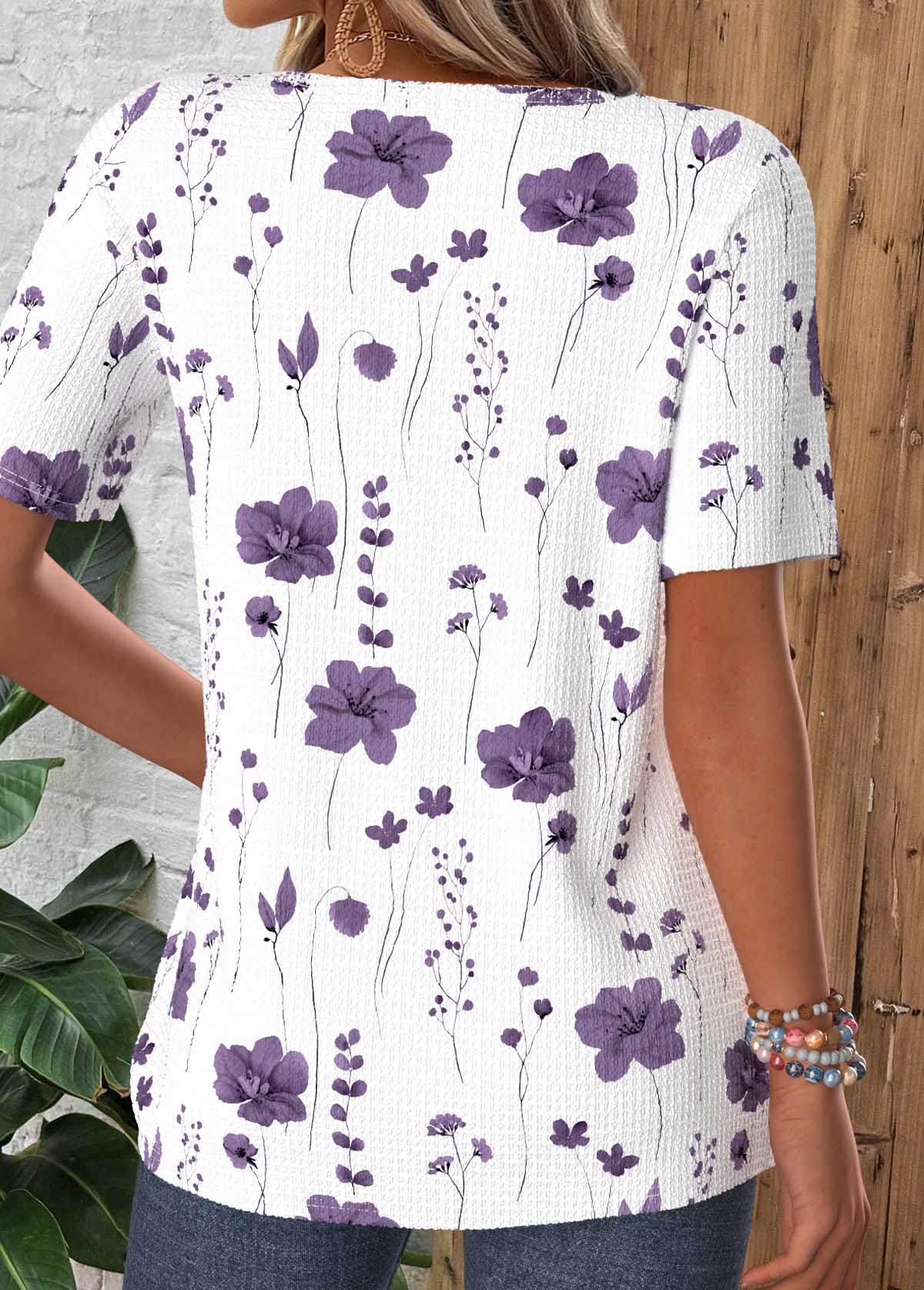 White Floral Print Tuck Stitch Short Sleeve T Shirt | picture 