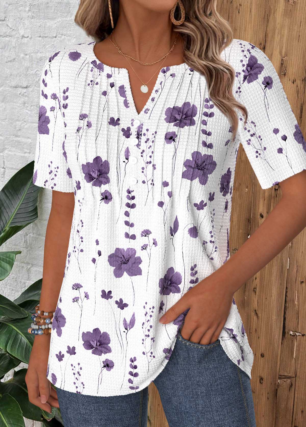White Floral Print Tuck Stitch Short Sleeve T Shirt | picture 