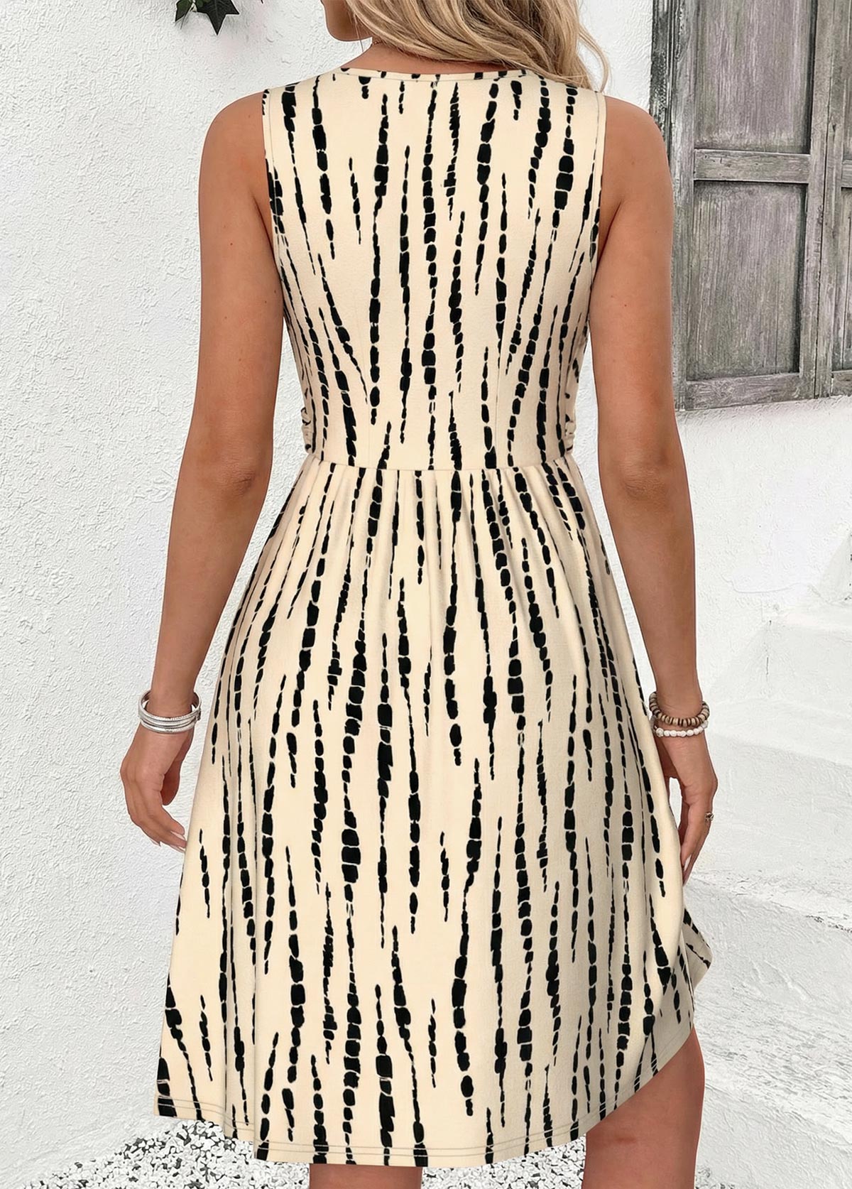 Beige Tie Dye Print Criss Cross Sleeveless Dress | picture 