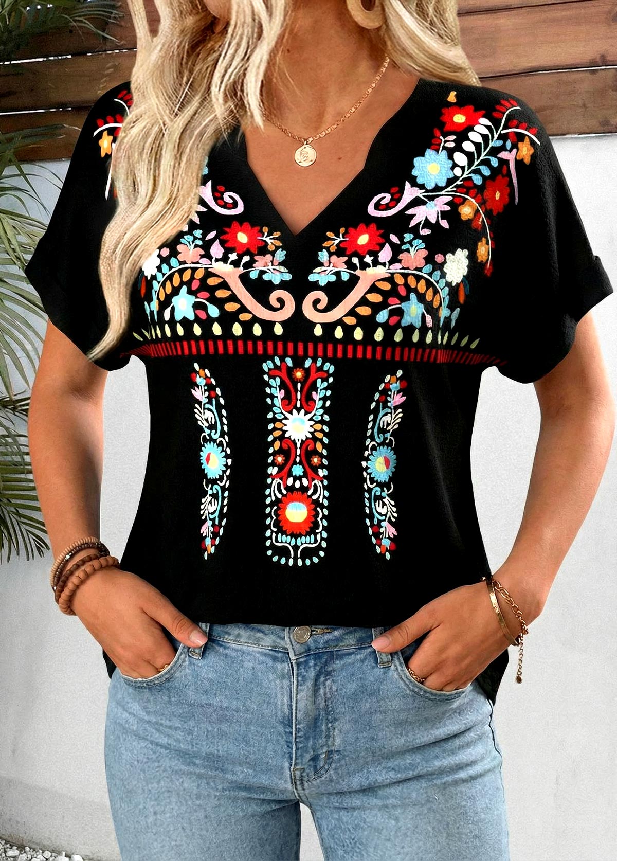 Black Tribal Print Tummy Coverage Short Sleeve T Shirt | picture 