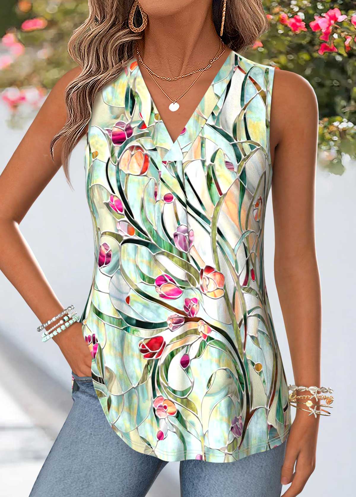 Multi Color Floral Print Curved Hem Sleeveless Tank Top | picture 