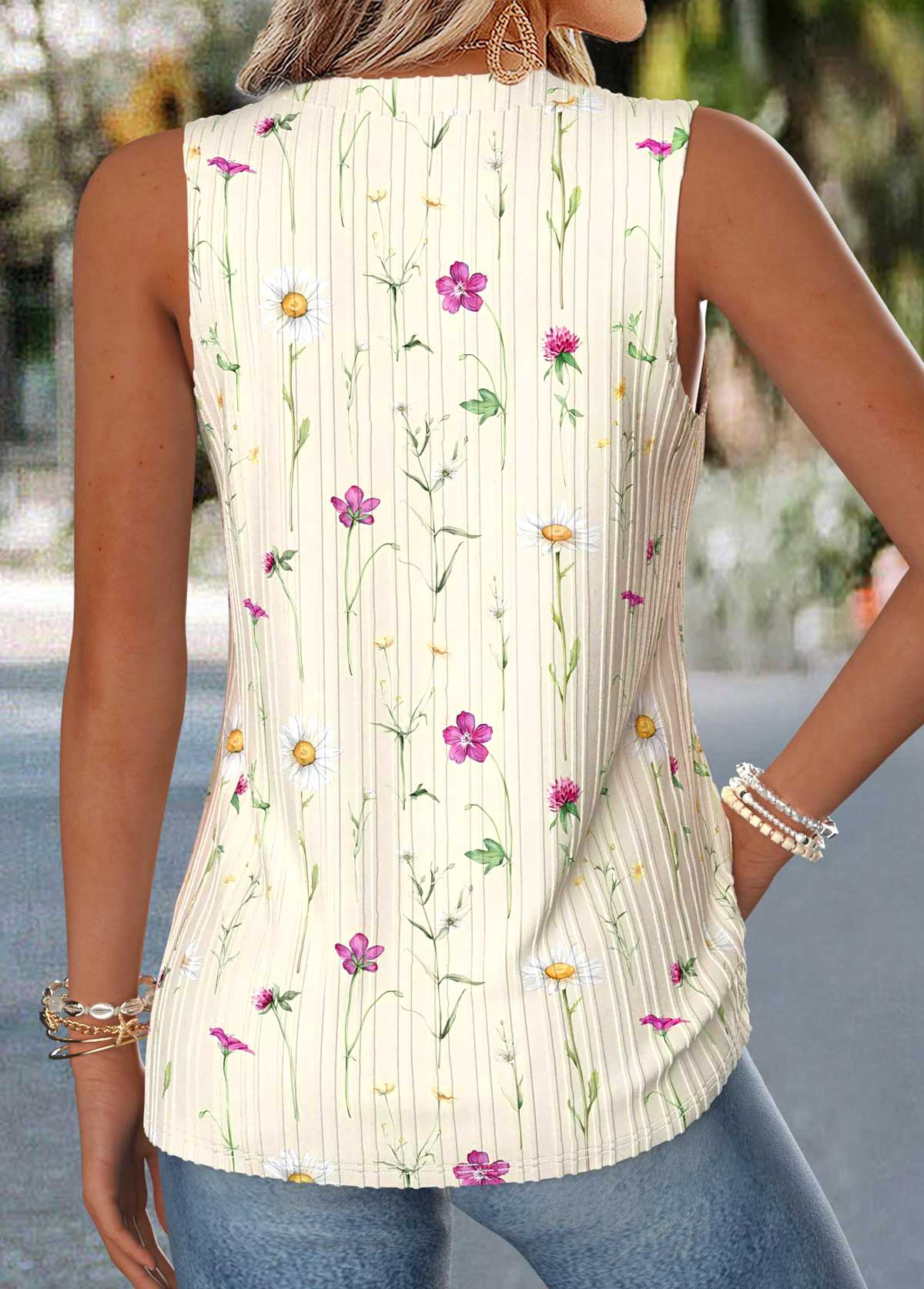Beige Floral Print Curved Hem Sleeveless Tank Top | picture 