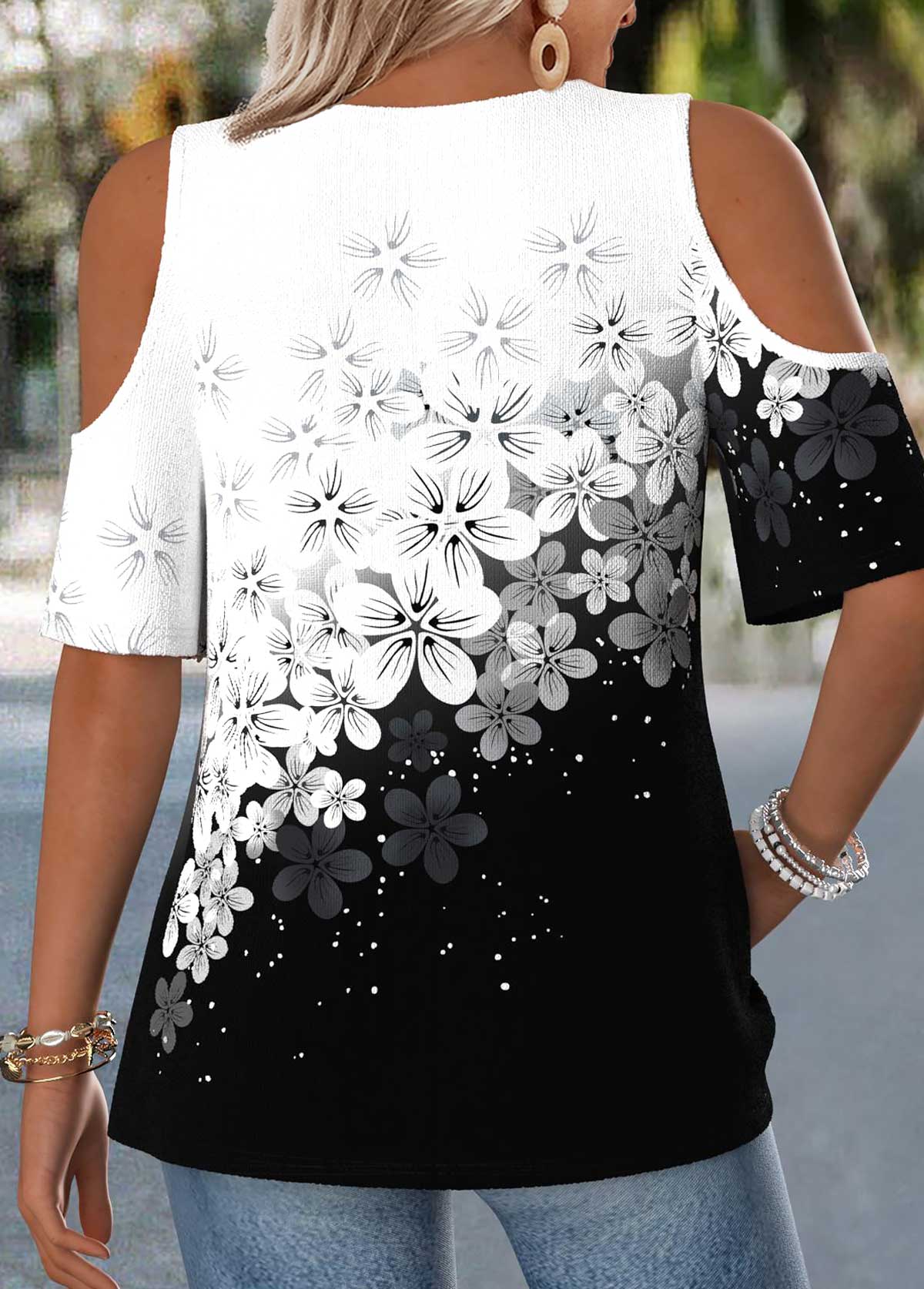 Black Floral Print Curved Hem Half Sleeve T Shirt | picture 