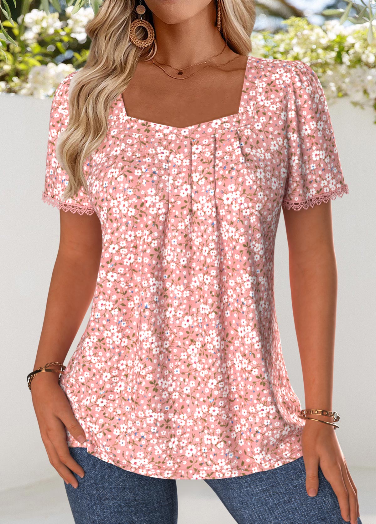 Pink Ditsy Floral Print Patchwork Short Sleeve T Shirt | picture 