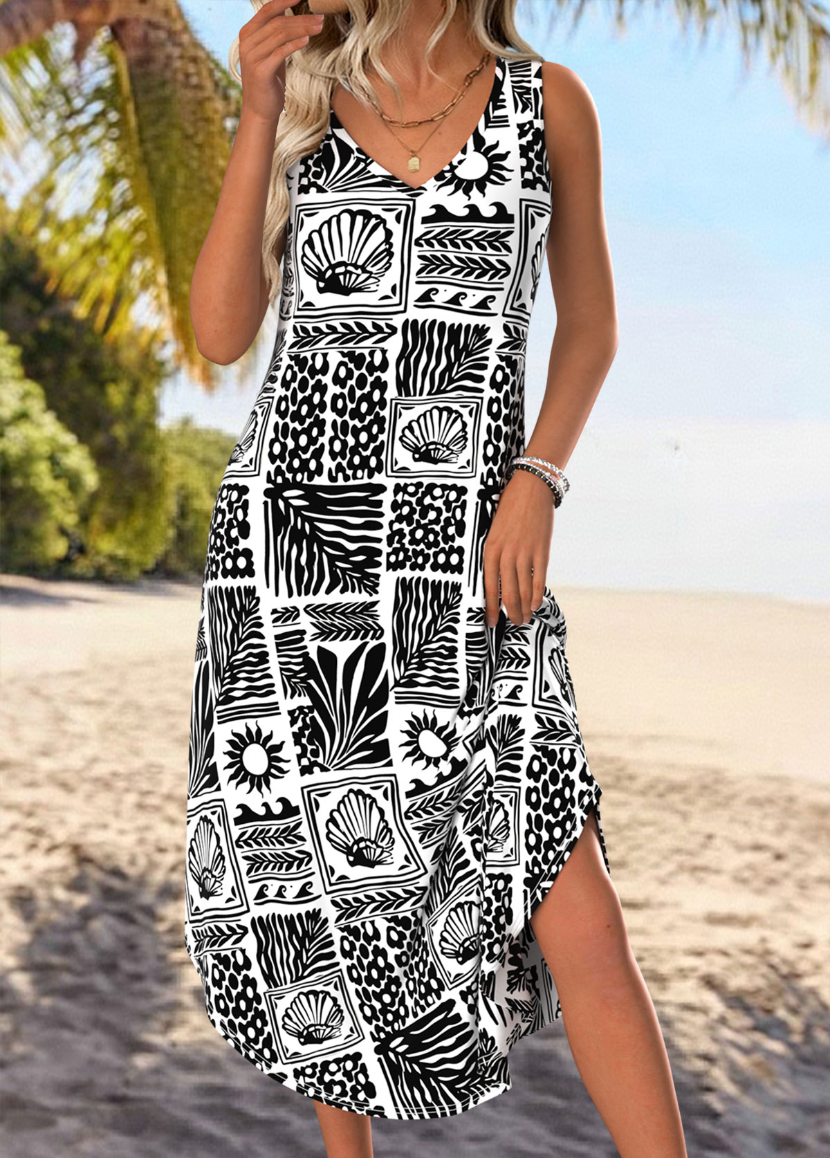 Black Marine Life Print Tummy Coverage A Line Dress | picture 