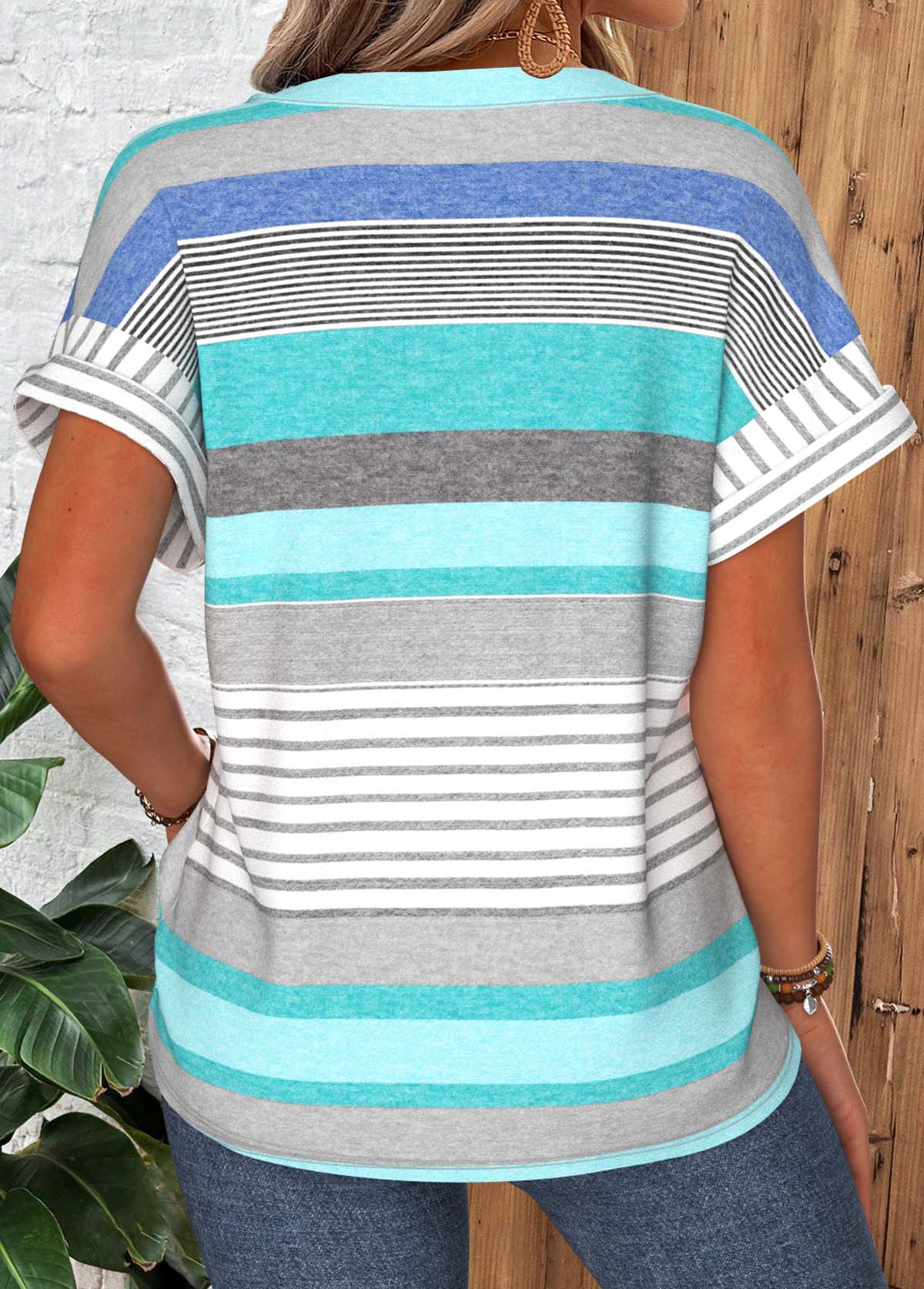 Blue Multi Stripe Print Curved Hem T Shirt | picture 