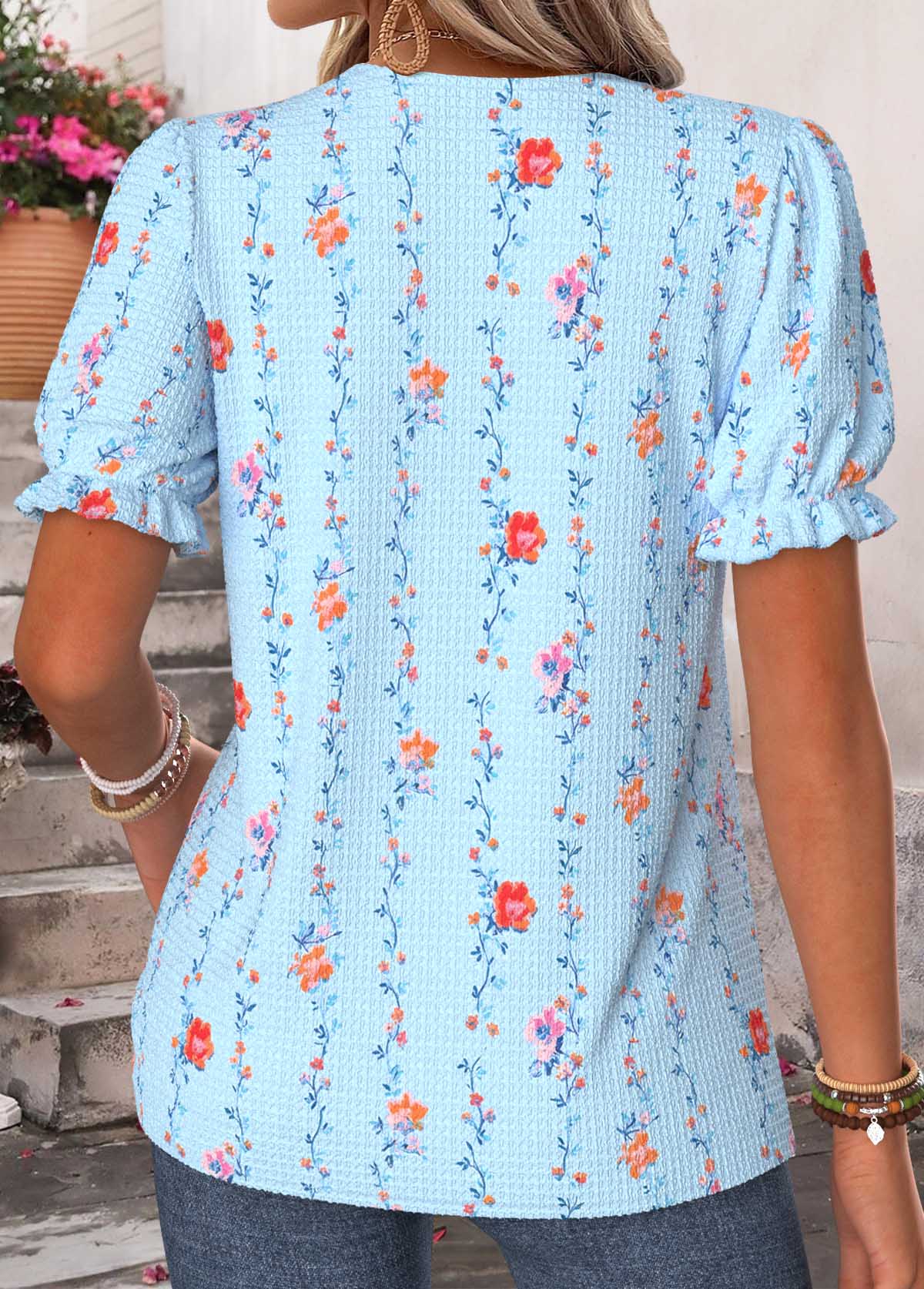 Light Blue Floral Print Patchwork Short Sleeve T Shirt | picture 