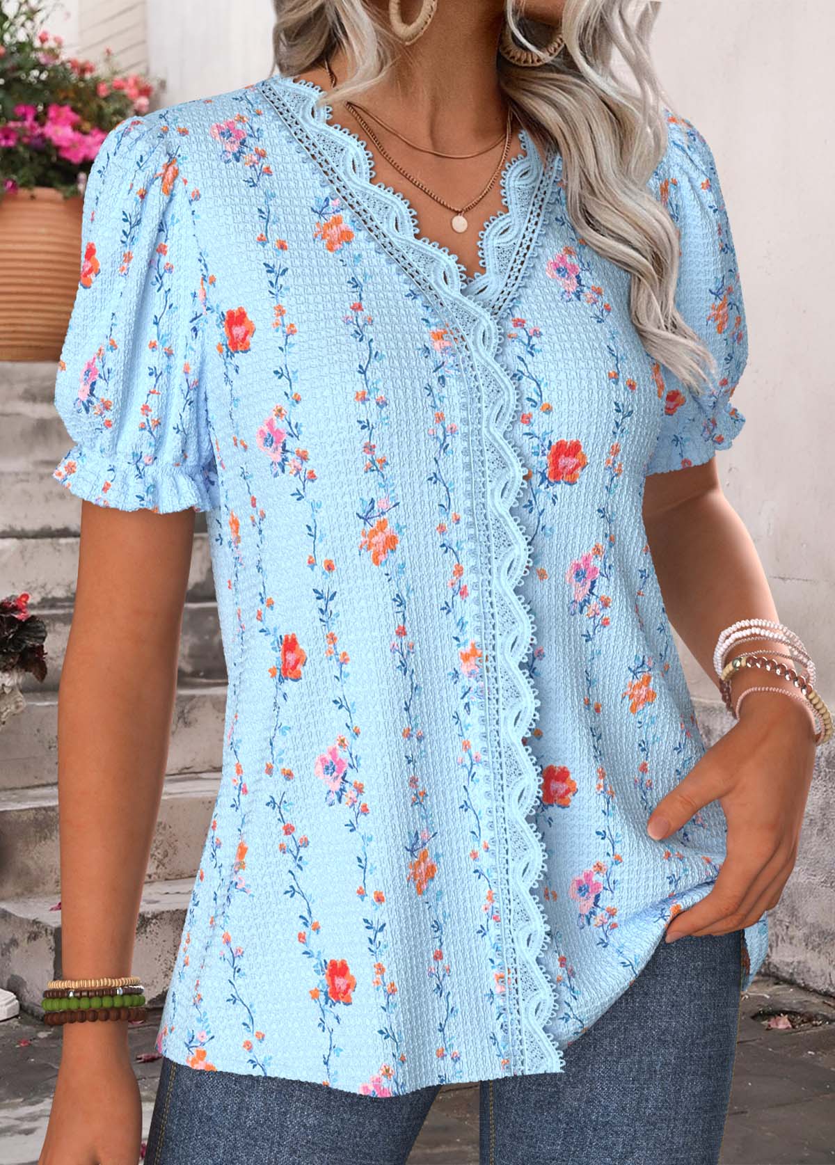 Light Blue Floral Print Patchwork Short Sleeve T Shirt | picture 