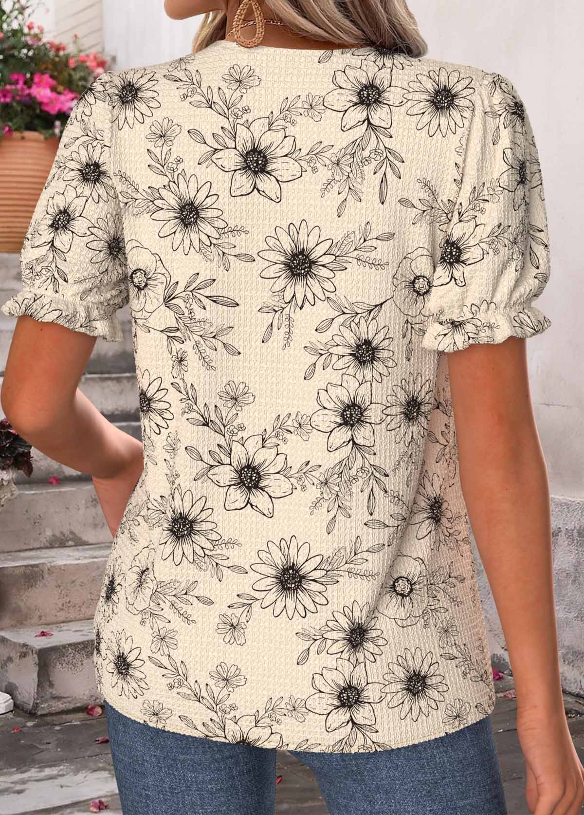 Light Camel Floral Print Patchwork Short Sleeve T Shirt | picture 