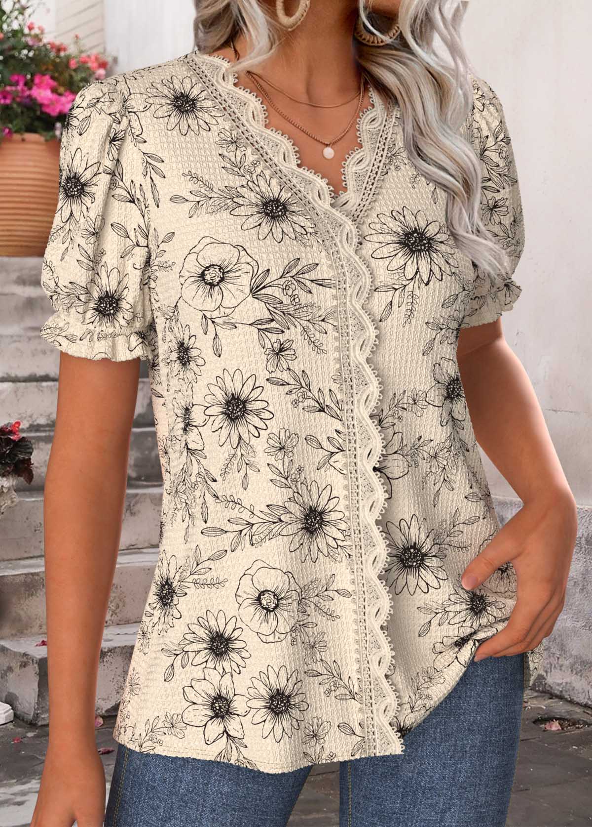 Light Camel Floral Print Patchwork Short Sleeve T Shirt | picture 