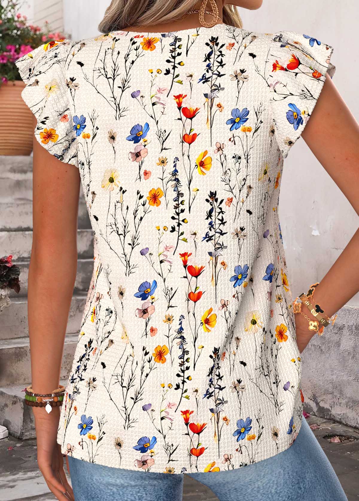 Beige Floral Print Tuck Stitch Short Sleeve T Shirt | picture 