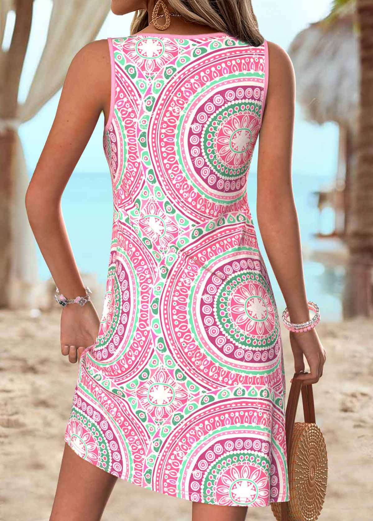 Light Pink Tribal Print Short Tummy Coverage Sleeveless Dress | picture 
