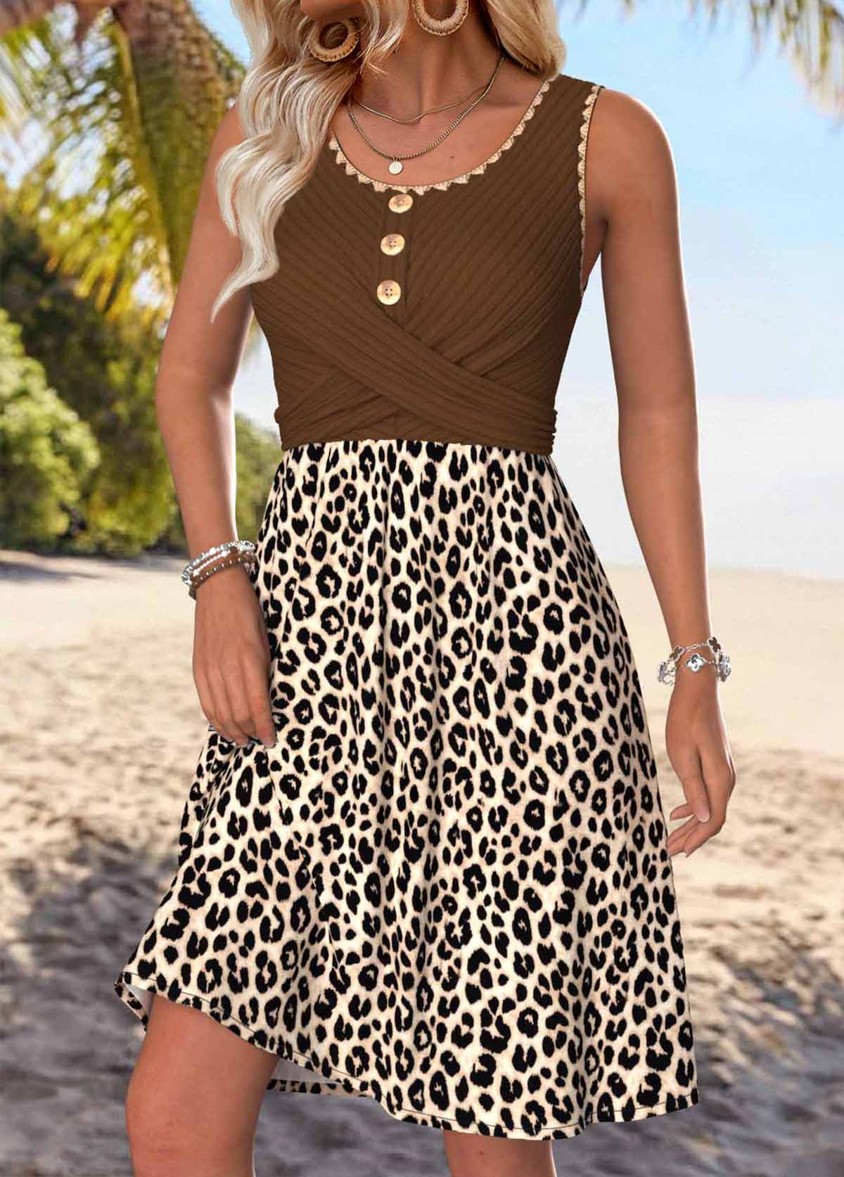 Dark Coffee Leopard Shirred Sleeveless Round Neck Dress | picture 
