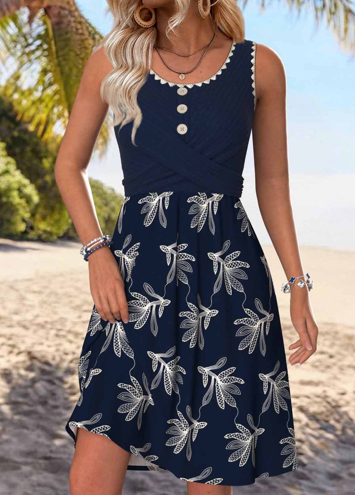 Navy Leaf Print Shirred Sleeveless Round Neck Dress | picture 