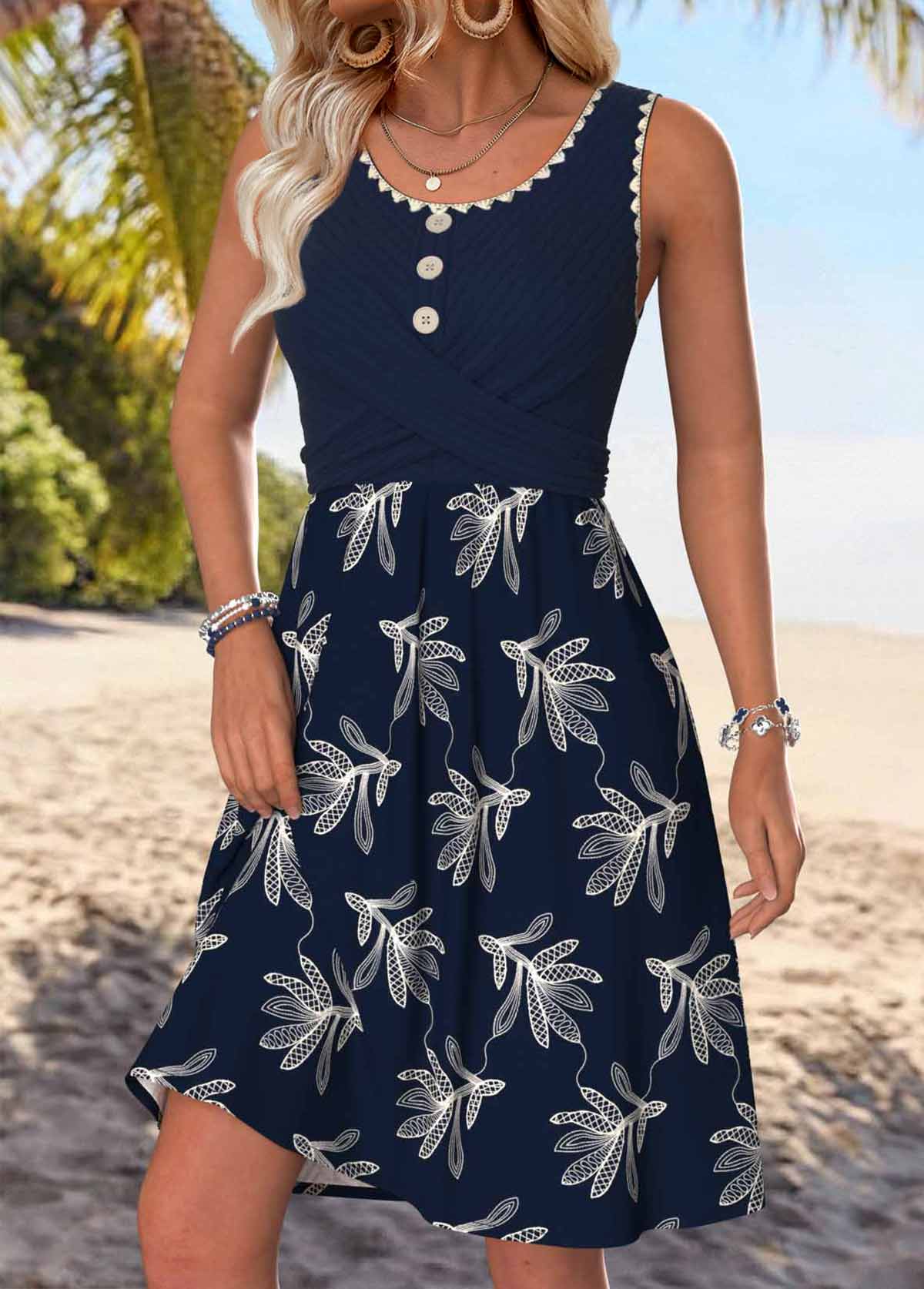 Navy Leaf Print Shirred Sleeveless Round Neck Dress | picture 