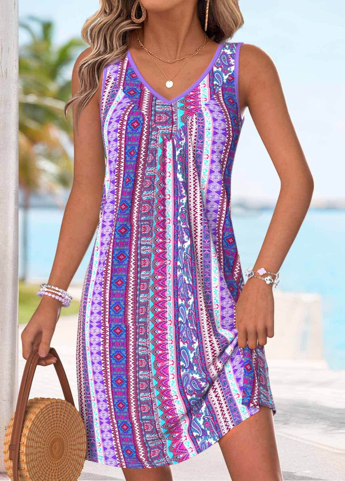 Purple Tribal Print Short Shirred Sleeveless V Neck Dress | picture 