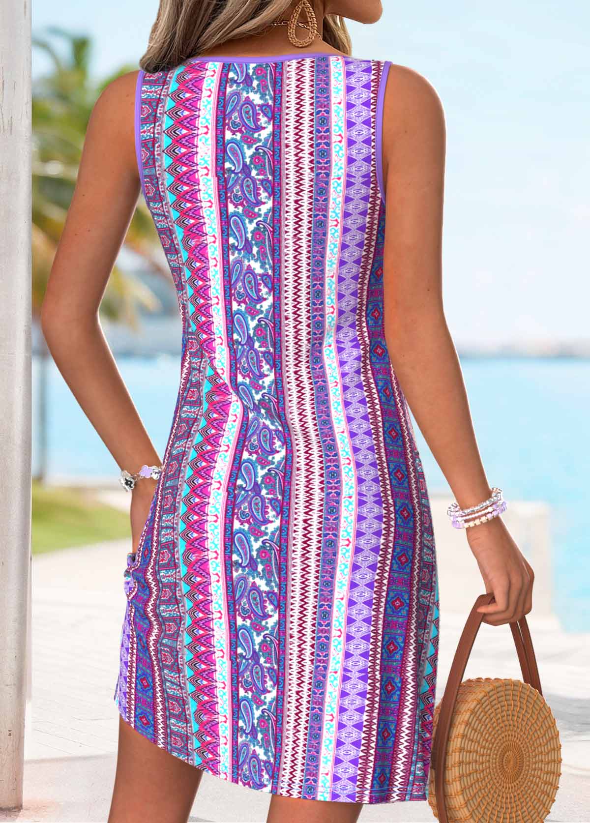 Purple Tribal Print Short Shirred Sleeveless V Neck Dress | picture 