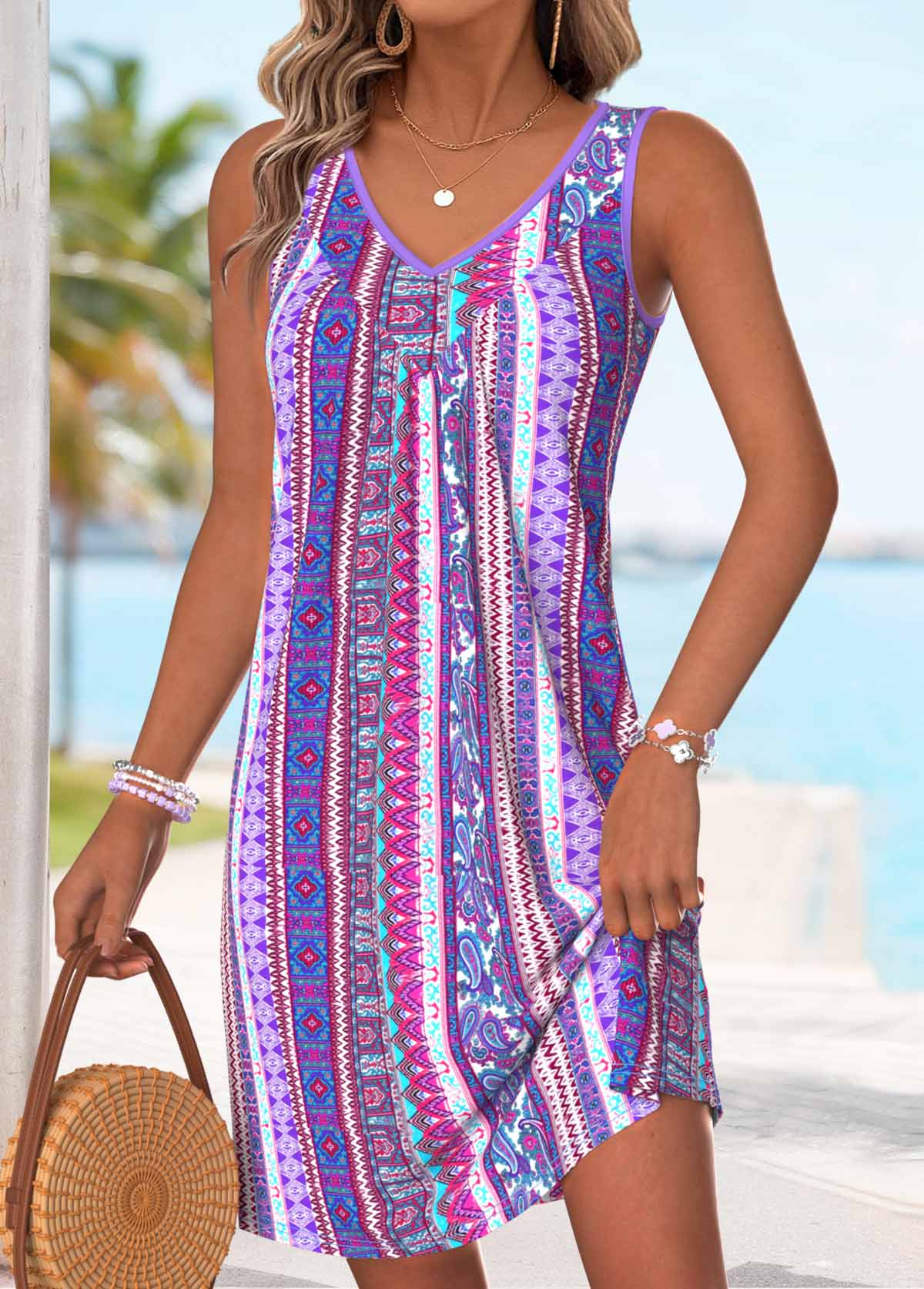 Purple Tribal Print Short Shirred Sleeveless V Neck Dress | picture 