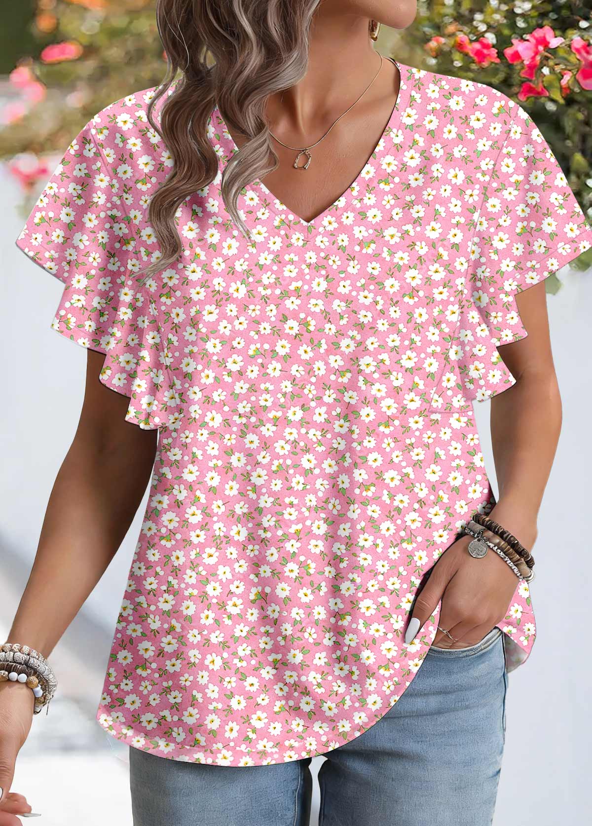 Pink Ditsy Floral Print Patchwork Short Sleeve Blouse | picture 