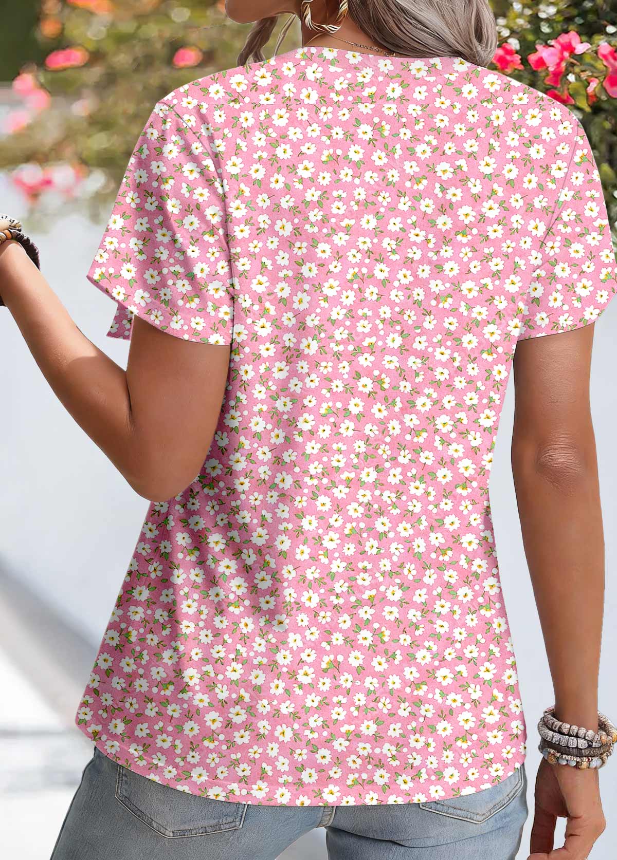 Pink Ditsy Floral Print Patchwork Short Sleeve Blouse | picture 