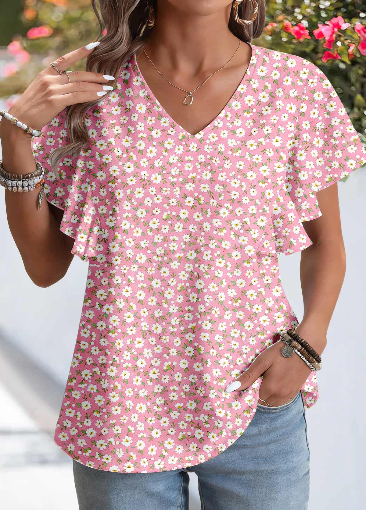 Pink Ditsy Floral Print Patchwork Short Sleeve Blouse | picture 
