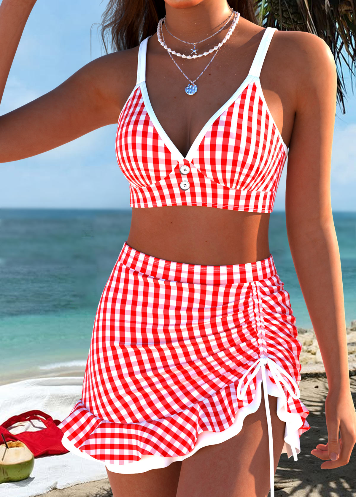 Red Mid Waisted Three-piece Plaid Bikini Set | picture 