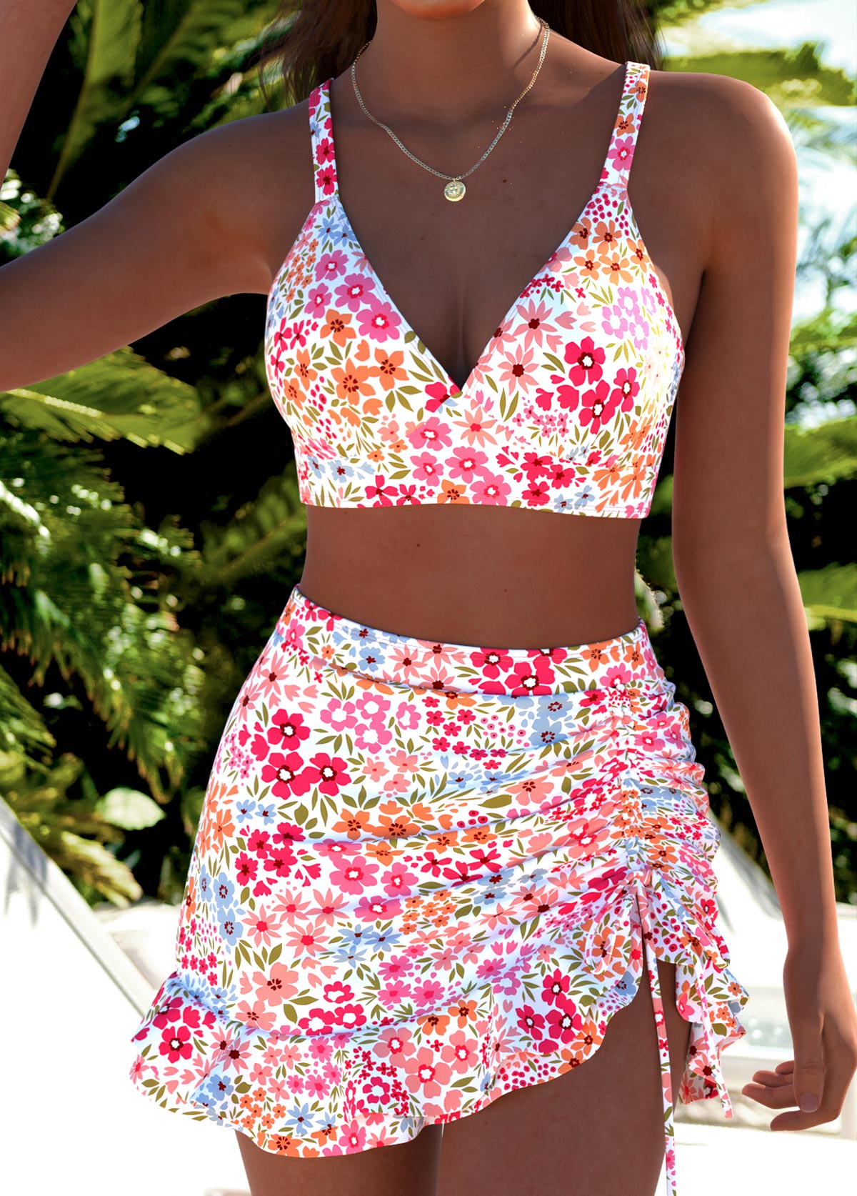 Pink Mid Waisted Three-piece Ditsy Floral Print Bikini Set | picture 