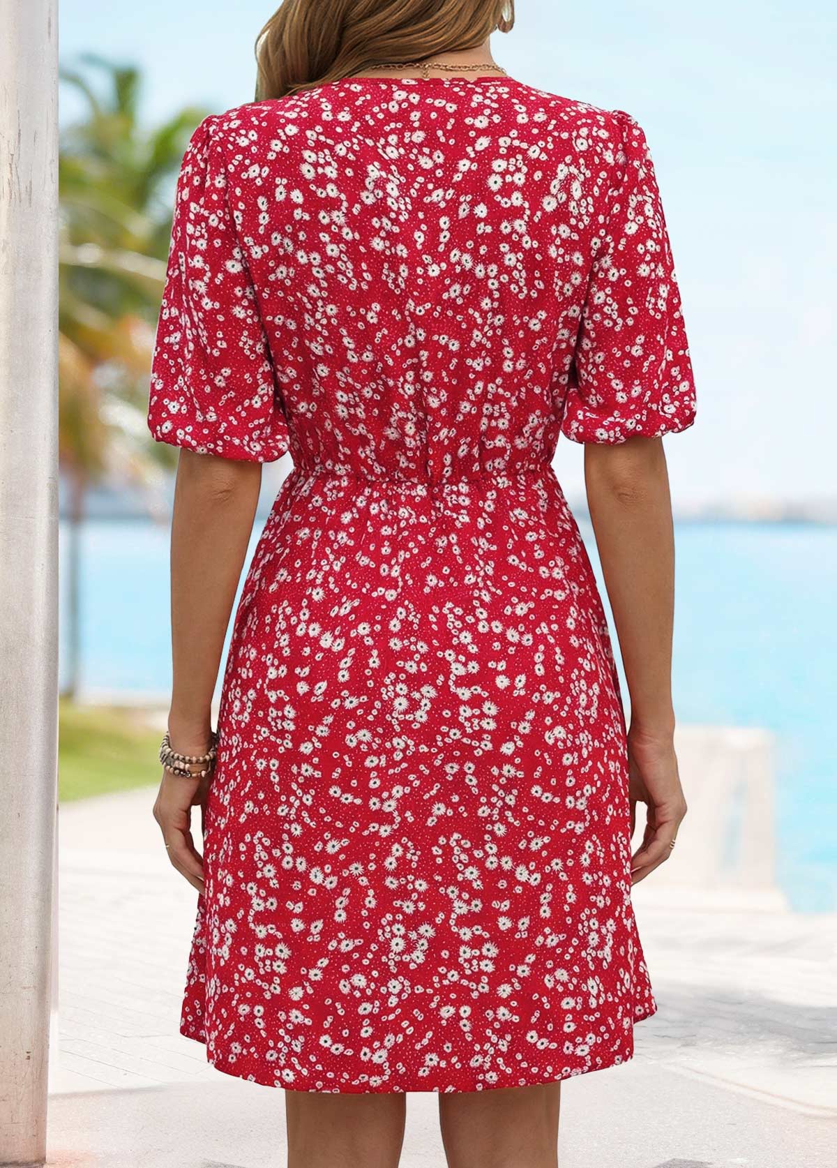 Red Ditsy Floral Print Short Surplice Half Sleeve Dress | picture 