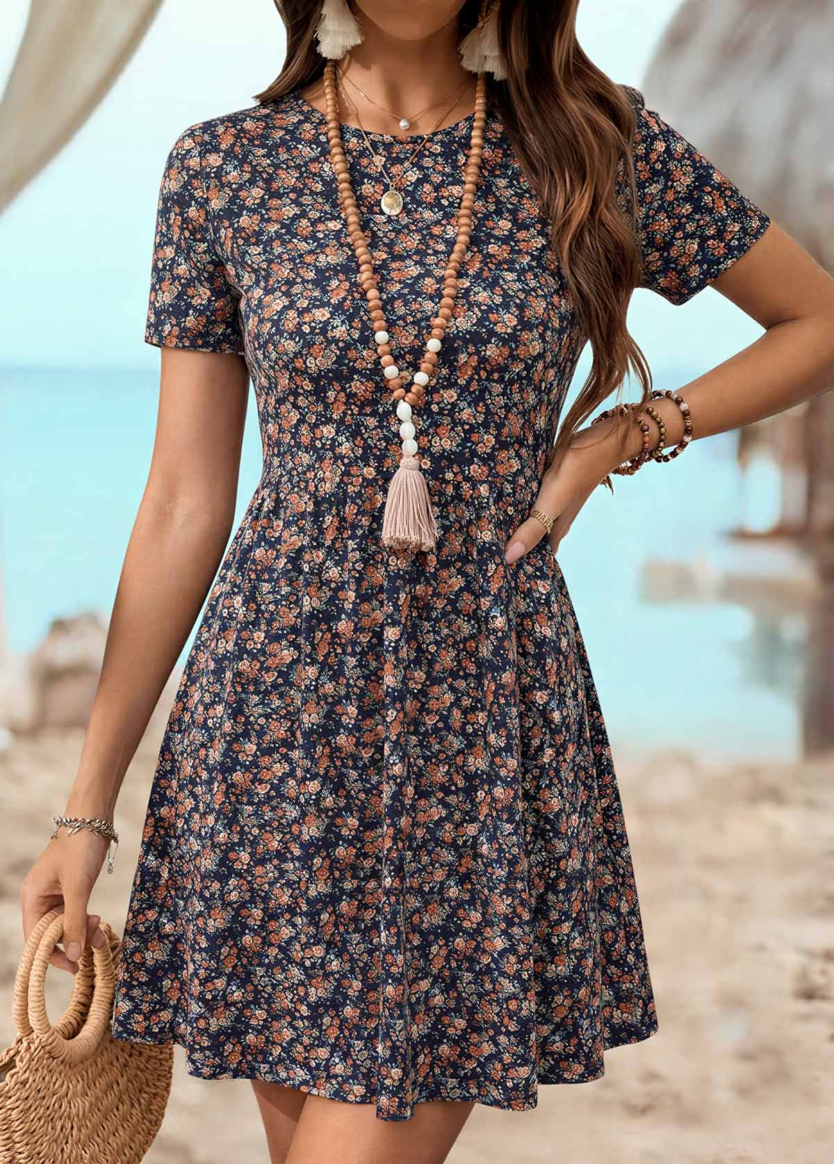 Multi Color Ditsy Floral Print Short Round Neck Dress | picture 