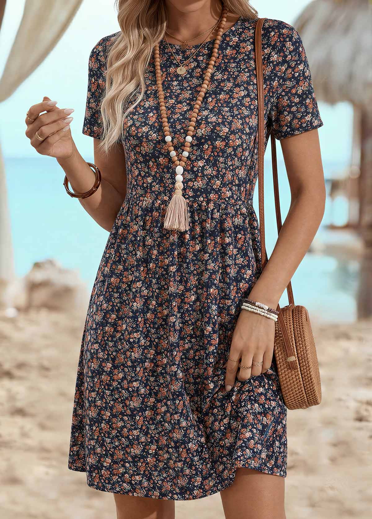 Multi Color Ditsy Floral Print Short Round Neck Dress | picture 