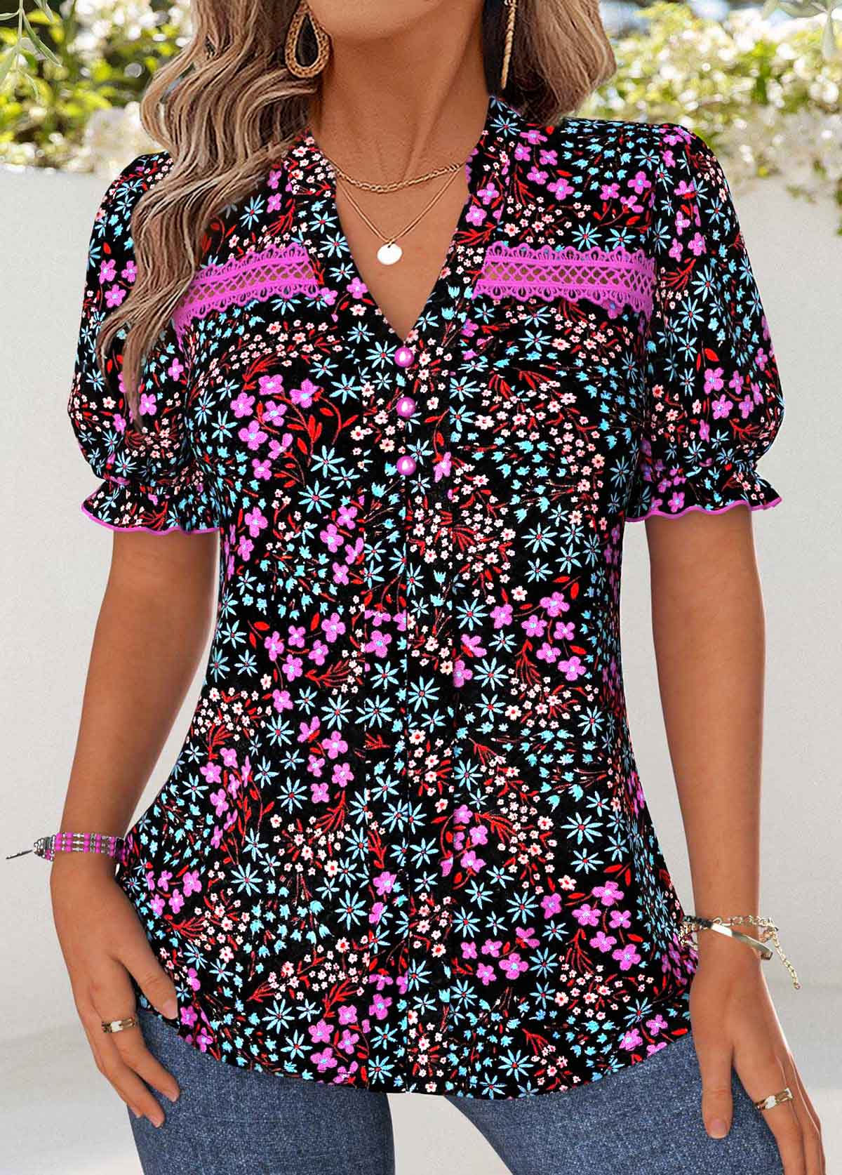 Multi Color Ditsy Floral Print Patchwork Short Sleeve Blouse | picture 