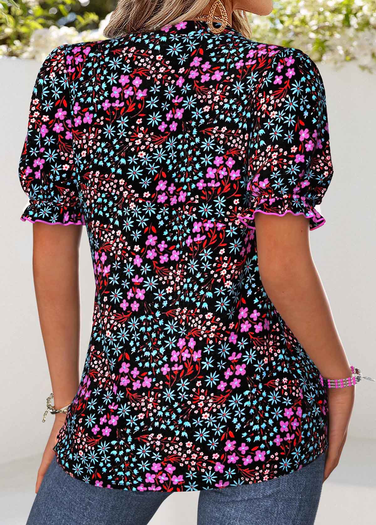 Multi Color Ditsy Floral Print Patchwork Short Sleeve Blouse | picture 