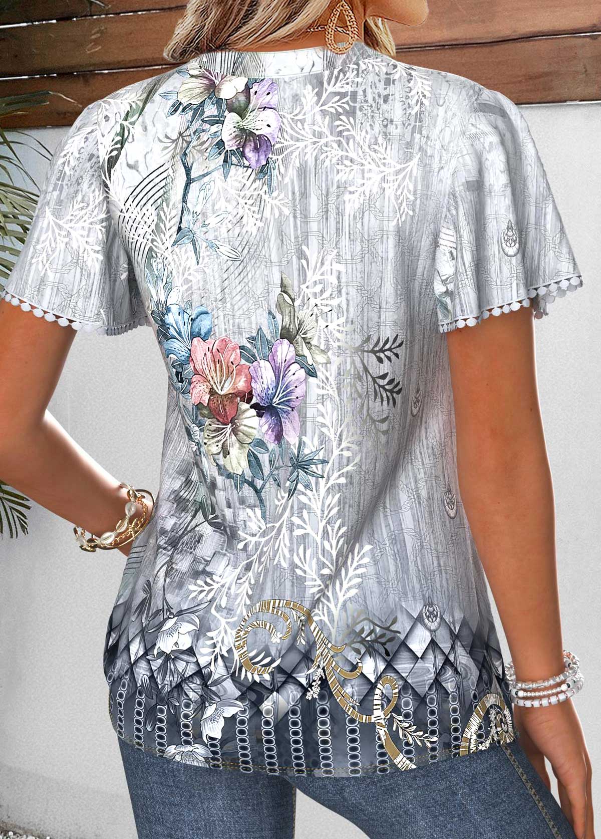 Light Grey Random Floral Print Curved Hem T Shirt | picture 