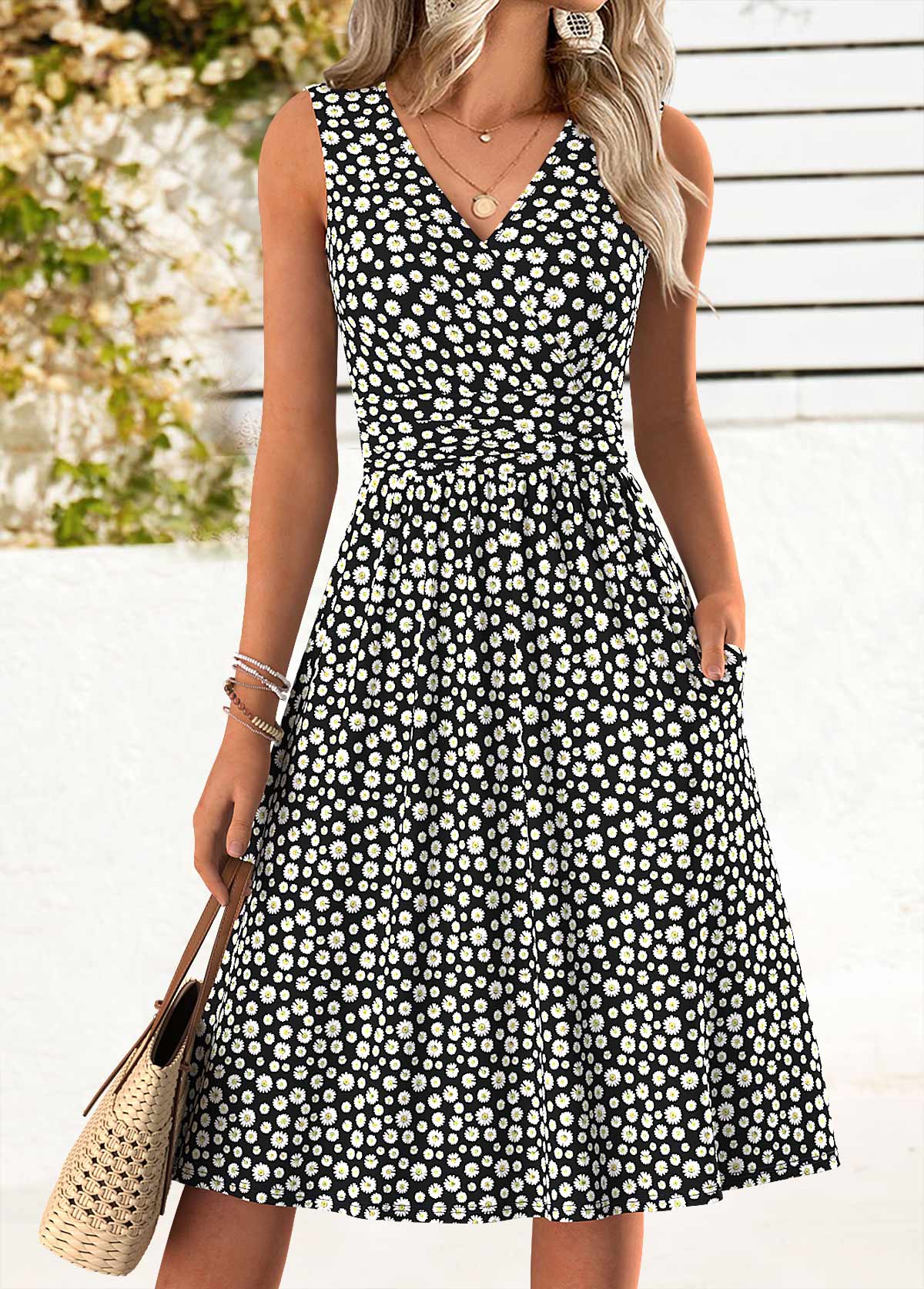 Black Ditsy Floral Print Shirred Sleeveless V Neck Dress | picture 
