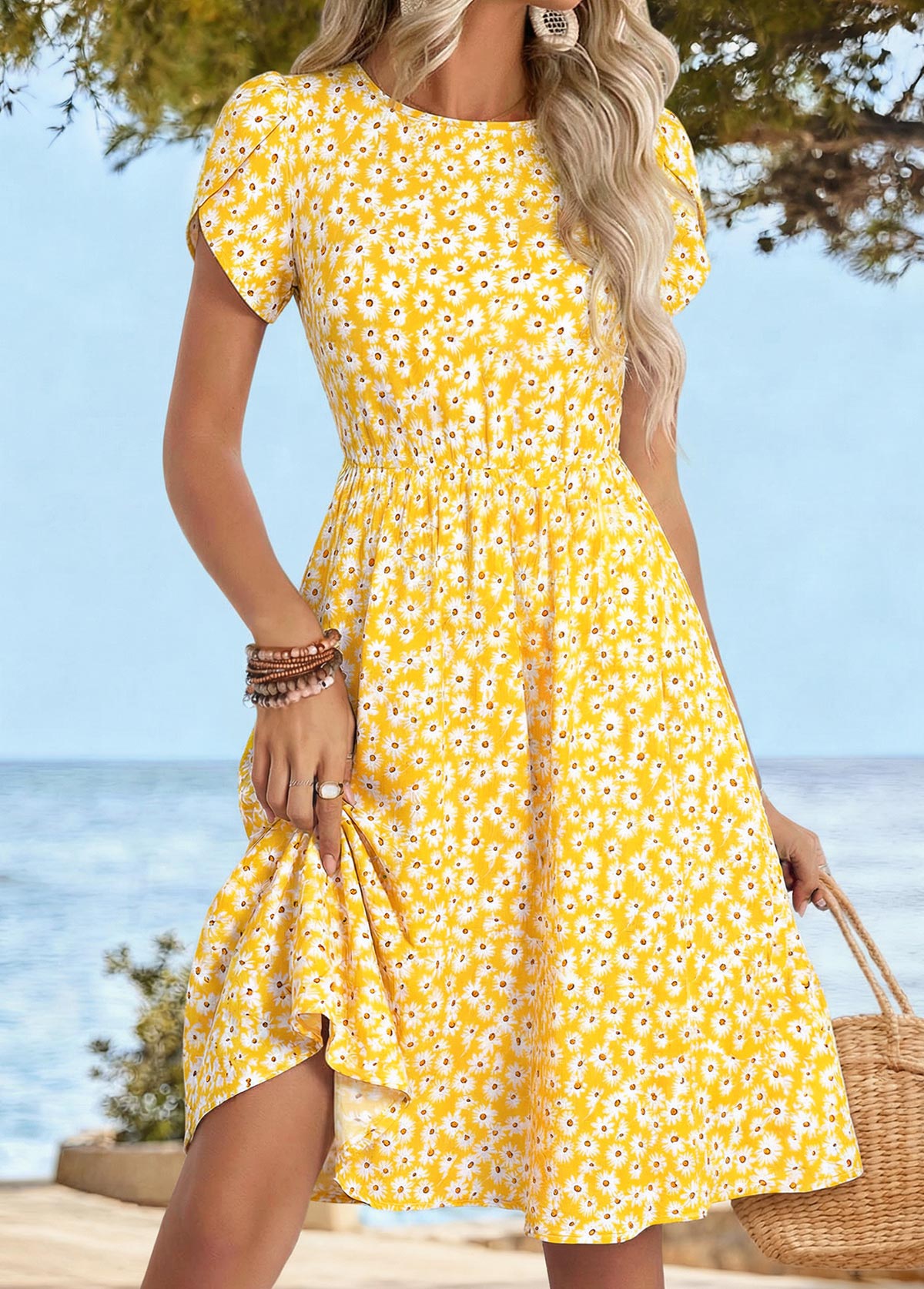 Yellow Ditsy Floral Print Shirred Short Sleeve Dress | picture 