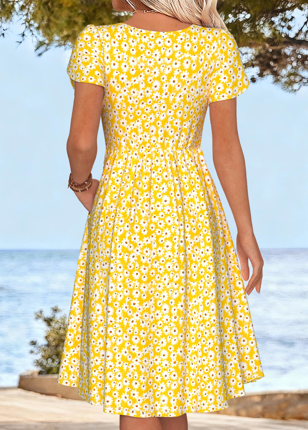 Yellow Ditsy Floral Print Shirred Short Sleeve Dress | picture 