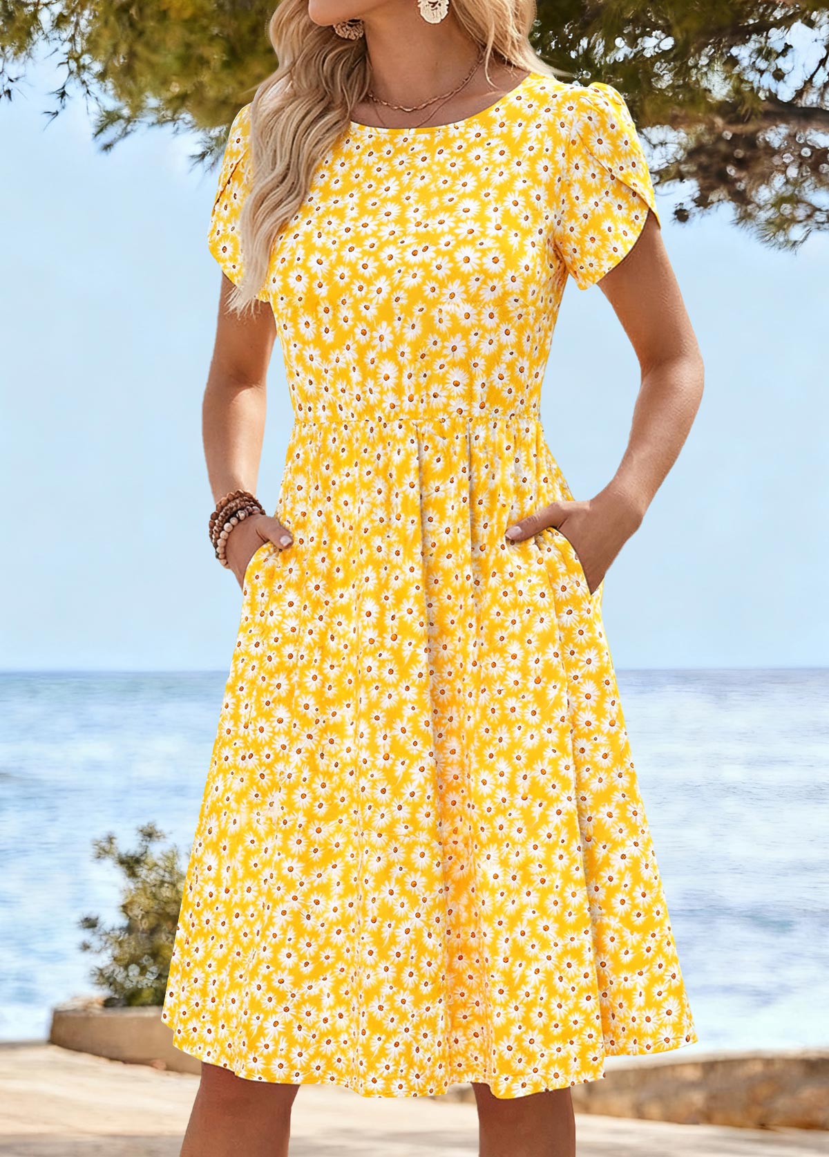 Yellow Ditsy Floral Print Shirred Short Sleeve Dress | picture 